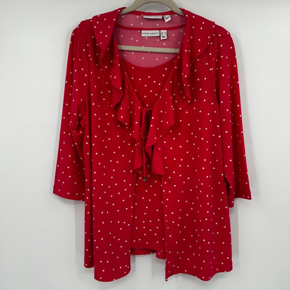 Susan Graver Red Polka Dot Retro Mod Liquid Knit 2 Piece Ruffle Cardigan Set